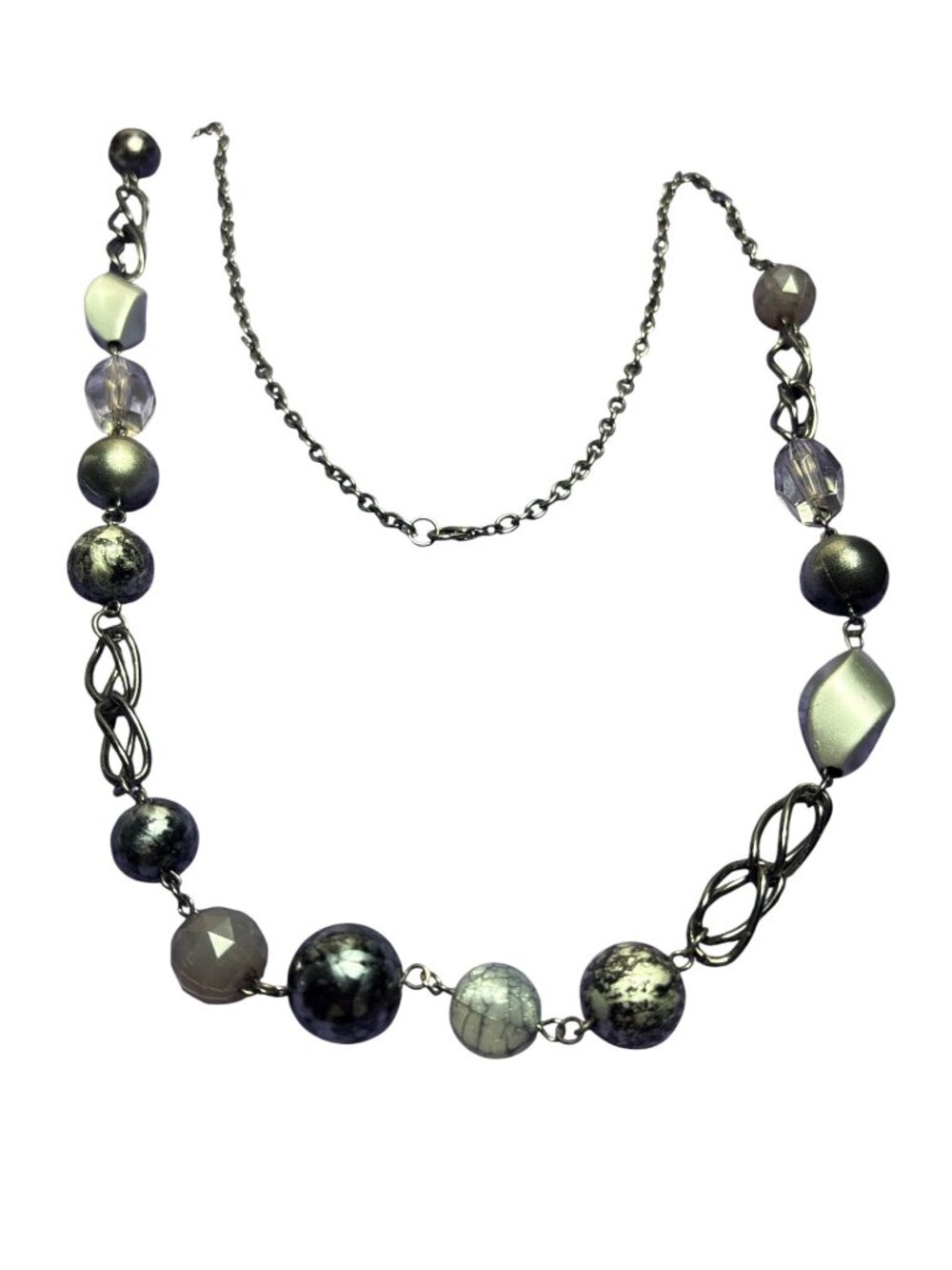 Grey Black Plastic Beaded Gunmetal Chain Necklace Lobster Clasp 34 inches Long